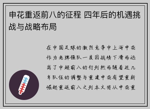 申花重返前八的征程 四年后的机遇挑战与战略布局 申花重返前八的征程 四年后的机遇挑战与战略布局