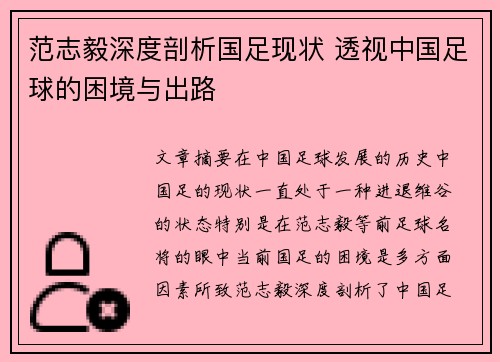 范志毅深度剖析国足现状 透视中国足球的困境与出路 范志毅深度剖析国足现状 透视中国足球的困境与出路